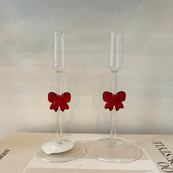 Red Bow Glass Taper Candle Holders 7in Set of 2 Holiday Glam NEW - Picture 1 of 9